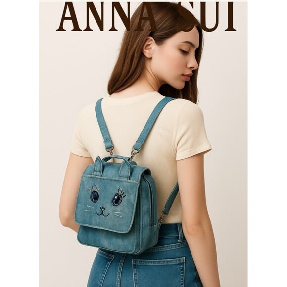 Anna Sui Cat Face Mini Leather Backpack Purse Blue Distressed Jean Bag Cute Ears